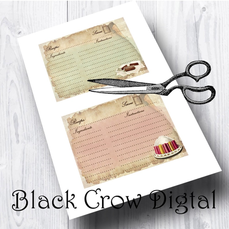 May include: Two printable recipe cards with a vintage aesthetic. The top card features a brown and white chocolate bar and the bottom card features a pink and white cake with red and yellow stripes. Both cards have a distressed, aged paper look with a brown border and a faded background. The cards are labelled "Recipe", "Ingredients", "Serves", and "Instructions".