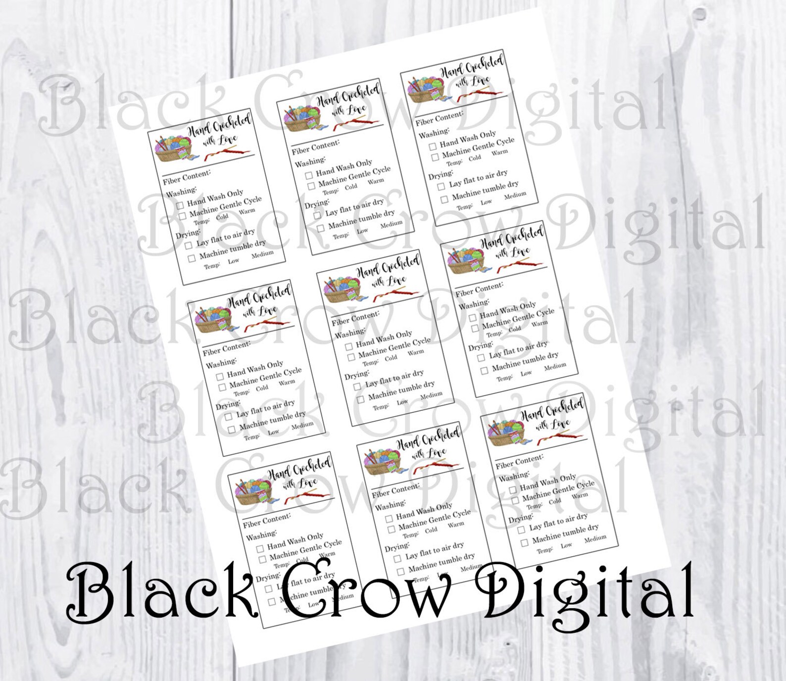 Hand Crocheted With Love Care Instruction Cards Printable Hand ...