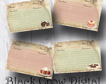 Vintage Recipe Cards /  6" by 4" / Vintage Bakery, Baking, Cakes / Shabby Pastel Recipe Cards / DIY Printable Digital Instant Download