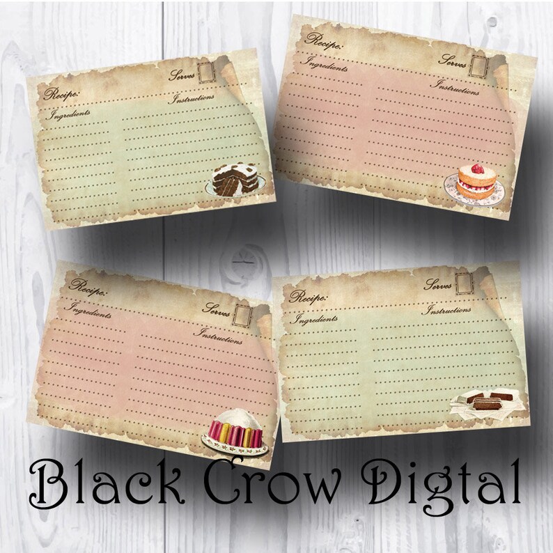 May include: Four printable recipe cards with a vintage aesthetic. Each card has a space for the recipe name, ingredients, instructions, and how many servings the recipe makes. Each card features a different vintage illustration of a dessert.