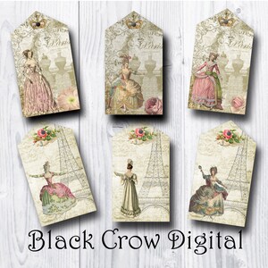 Paris France Shabby Gift Hang Tags; Cartes tour Eiffel;  Français Fashion Lady Cadeau; Téléchargement instantané, Imprimable, Scrapbooking, Artisanat sur papier