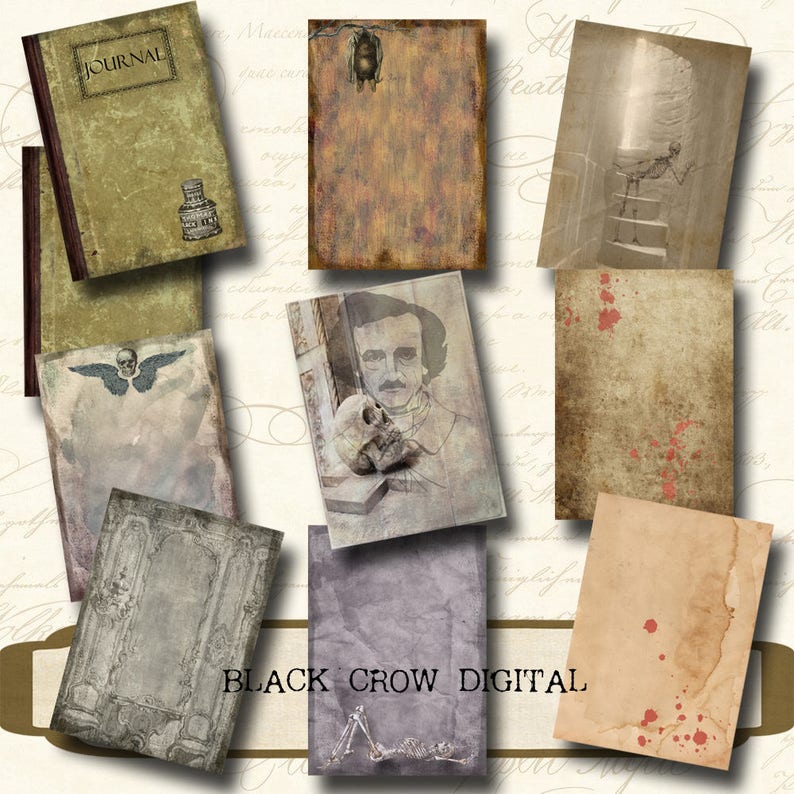 May include: A set of 10 digital paper backgrounds in vintage style with various textures and designs. The papers feature images of a skull, a crow, a skeleton, a journal, and a bottle of ink. The papers are perfect for scrapbooking, card making, and other crafting projects.