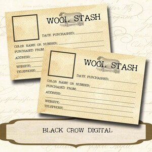 May include: Two printable cards with a sheep illustration and the text "Wool Stash". Each card has fields for recording the date purchased, color name or number, where purchased from, address, website, and telephone number. The cards are designed with a vintage aesthetic and have a brown border.