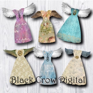 Vestidos com Asas; Arte de clipe de folha de colagem de vestidos vintage; Imprimir e Recortar; Download digital instantâneo, JPG para impressão; Corvo Negro Digital