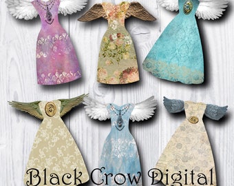 Dresses with Wings; Vintage Dresses Collage Sheet Clip Art; Print and Cut; Instant Digital Download, Printable JPG; Black Crow Digital