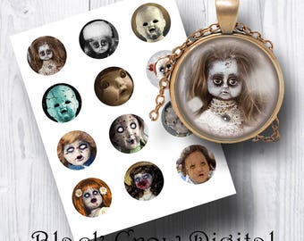 Gothic Creepy Dolls; 2 Inch Round Circles Digital Collage Sheet;  Pendant Images, Cupcake Toppers, Scrapbooking, Cabochons, Jewelry Making