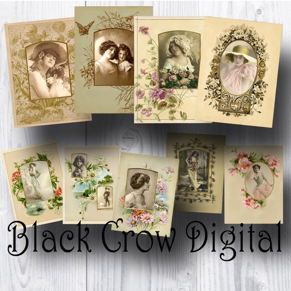 Digital collage sheet 5 circles and 2 backgrounds Instant download. 4 cards Botanical Garden Scrap Kit Set of 2 tags