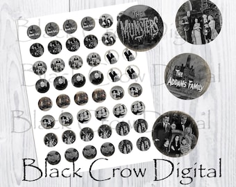 Adams Family & Munsters 1 Inch Round Circles  / Digital Collage Sheet / Pendant Images, Cupcake Toppers,  Cabochons, Jewelry Making