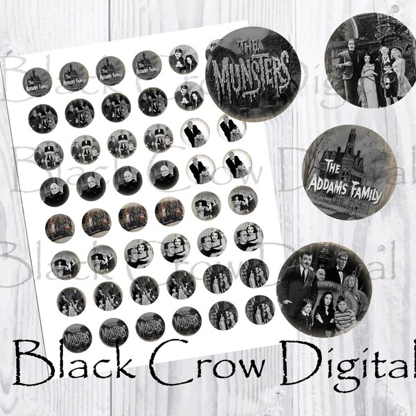 Adams Family & Munsters 1 Zoll Runde Kreise / Digital Collage Sheet / Anhänger Bilder, Cupcake Toppers, Cabochons, Schmuckherstellung