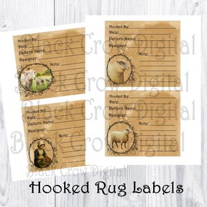 May include: Four vintage-style "Hooked Rug Labels" on a white background. Each label has space for details and a decorative image of a sheep, alpaca, or a woman. The text "Hooked Rug Labels" is at the bottom.
