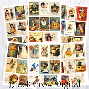 Vintage Halloween Postcards ATC size / 6 Pages / 48 ATC Cards /  2 1/2&quot; by 3 1/2&quot; Backgrounds /  Collage Sheet; Printable; Instant Download