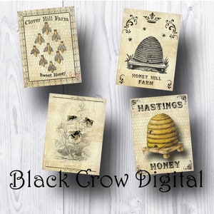 Vintage Honey Bee Labels or Cards / Bee Skep, Bee Farm / Honey Bee Cards / 3&quot; by 4&quot; / Primitive Grunge Cards / Printable Instant Download