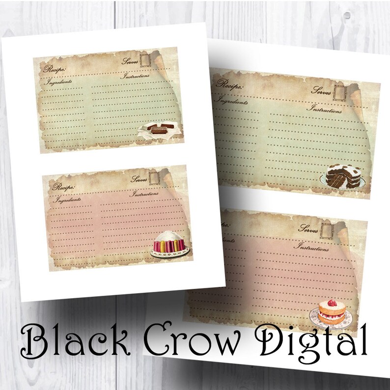 May include: Four printable recipe cards with a vintage aesthetic. Each card features a different dessert illustration: a chocolate cake, a trifle, a strawberry cake, and a chocolate bar. The cards have lines for writing down the recipe name, ingredients, and instructions.