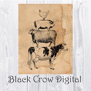Empilhamento de animais de fazenda / Vaca, ovelha, porco, pilha de frango / Decoração campestre primitiva / Decoração de casa de fazenda / Para impressão, download instantâneo / JPG