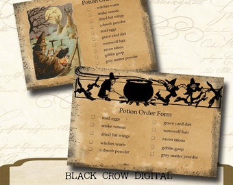 Apothecary Potion Recipe Ingredients; Order Forms; Printable Instant Download;  Collage Sheet Scrapbooking; Black Crow Digital