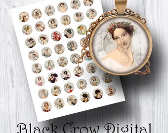 1 Pulgadas Ronda CircularEs Hoja de Collage Digital; Damas victorianas; Imágenes para colgantes, Cupcake Toppers, Scrapbooking, Cabochons, Joyería