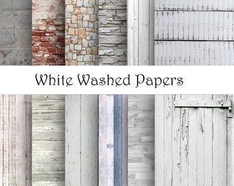 White Washed Wood and Bricks Papers, Chipping Paint; Backgrounds;  Scrapbooking; 8 1/2" x 11"; 12 Pages, Instant Download; Printable