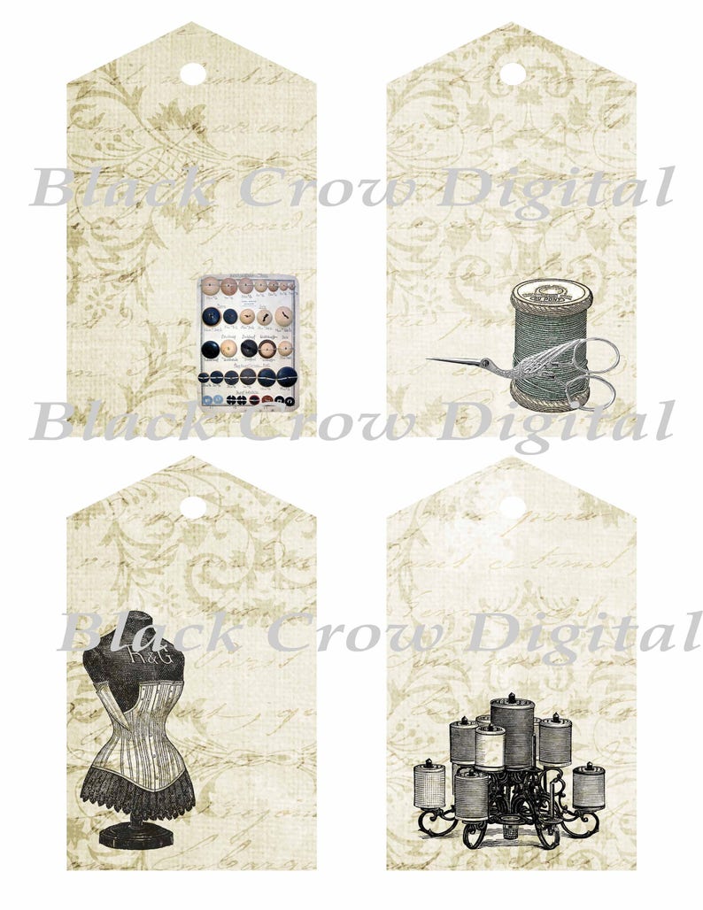 Vintage Sewing Printable Hang Tags, Buttons, Thread, Scissors, Corset ...