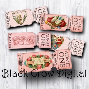 Vintage, Shabby, Valentine Pink Grungy Tickets; Victorian Valentines; Floral; Printable; Instant Download; Collage Sheet; Scrapbooking