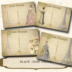 Cartões postais de Paris com moda vintage feminina e infantil, folha de colagem, download instantâneo, para impressão, álbum de recortes, artesanato em papel