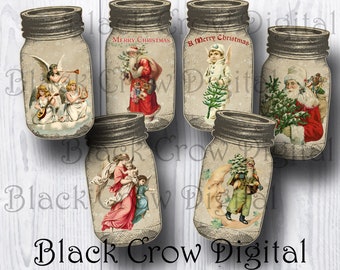 Vintage Christmas Mason Jars; Gift Tags; Christmas Holiday Hang Tags;  Mixed Media, Collage Sheet, JPG Printable Instant Download