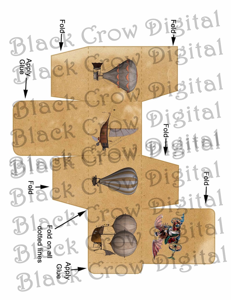 Printable Steampunk Treat Box Vintage Style Steampunk Flying Machines 2 Square Gift Box Party ...