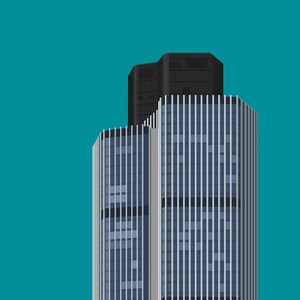 May include: A tall, modern office building with a black roof and many windows. The building is set against a bright teal blue sky.