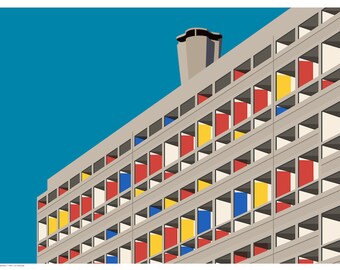May include: A concrete building with a flat roof and a chimney. The building has many windows, some of which are painted red, blue, and yellow.