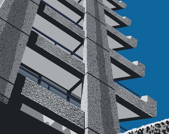 May include: A low angle view of a tall, concrete building with many windows and balconies. The building is a light gray color and has a rough texture. The sky is a bright blue.