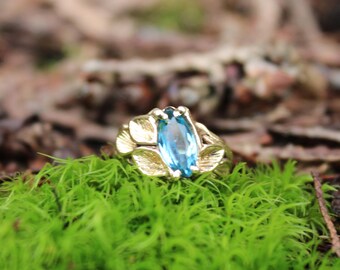 Vintage Estate 14k Yellow Gold Marquise Blue Topaz Cocktail Ring With Leaves Size 3.5 US