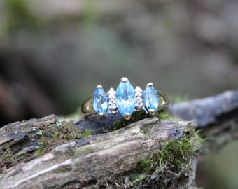 Vintage 14k Yellow Gold Ring With Three Marquis Blue Topaz Stones And Four Natural Diamonds Size 6.5 US