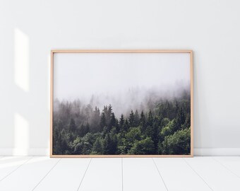 Horizontal Forest wall art, Forest wall art, Printable wall Art, Nature Art, Foggy Forest Print, Printable Nature, Modern wall art