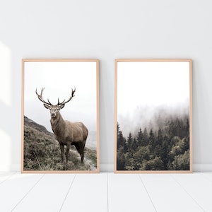 Reh-Print Waldtier-Wandkunst Landschaftsdruck-Wandkunst Rentier-Print Deer-Print 2er-Set Winter-Wandkunst