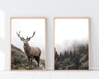 Deer Print Forest Animal Wall Art Landscape Prints Wall Art Reindeer print Deer Print set of 2 Winter wall art
