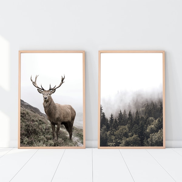 Deer Print, Forest Animal Wall Art, Landscape Prints Wall Art, Reindeer print, Deer Print set of 2, Winter wall art