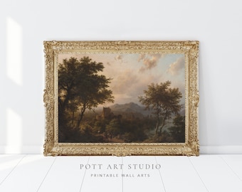 Vintage Cottage Landschaft Druck, Vintage gedämpfte Kunstdruck, Gold gerahmte Kunst, stimmungsvolles Ölgemälde Druck, Vintage Bauernhaus Natur Malerei