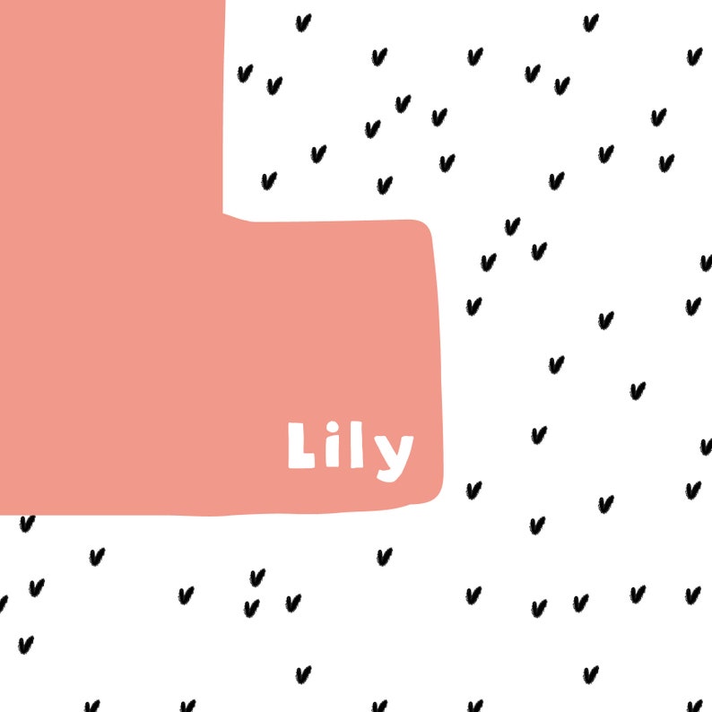 May include: A peach-colored L-shaped graphic with the name "Lily" in white text on a white background with a scattered pattern of black check marks.