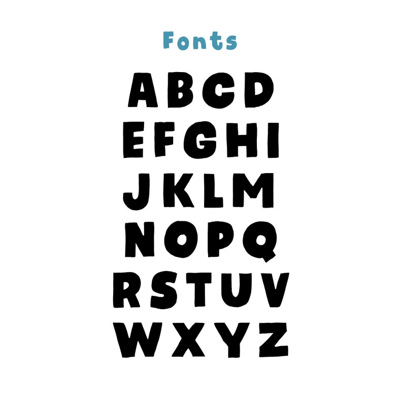 May include: Black and white alphabet letters in a bold, rounded font style. The letters are arranged in alphabetical order from A to Z. The word "Fonts" is written in blue above the letters.