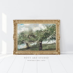 Frühling Vintage Landschaftsmalerei, Vintage Ölgemälde Druck, Vintage gedämpfte Kunstdruck, Gold gerahmte Kunst, Stimmungsvolle Landschaftsdruck