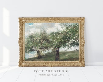 Frühling Vintage Landschaftsmalerei, Vintage Ölgemälde Druck, Vintage gedämpfte Kunstdruck, Gold gerahmte Kunst, Stimmungsvolle Landschaftsdruck