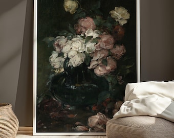 May include: A vintage oil painting of a dark green vase filled with pink and white roses. The vase is sitting on a dark brown table with a dark green background.