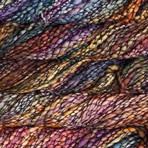 May include: Multicoloured yarn with a textured, woven appearance. The yarn is a blend of blues, purples, browns, and yellows.