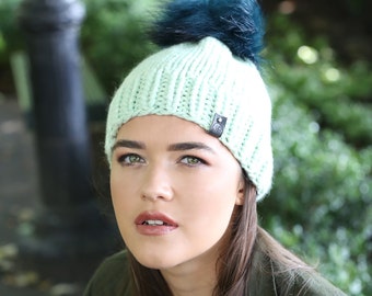 Beanie Hat with Detachable Pompom | Baby Green | Hand Knitted | 100% Merino Wool