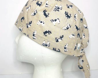 Fitted Surgical Scrub Cap: Cows on Taupe, Cotton Tie-Back
