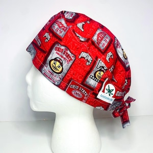 NCAA Ohio State Buckeyes Unisex Surgical Scrub Cap With elastic and Tie&#39;s Scrub Hat One size fits MOST Fitted Scull Cap Vintage Red