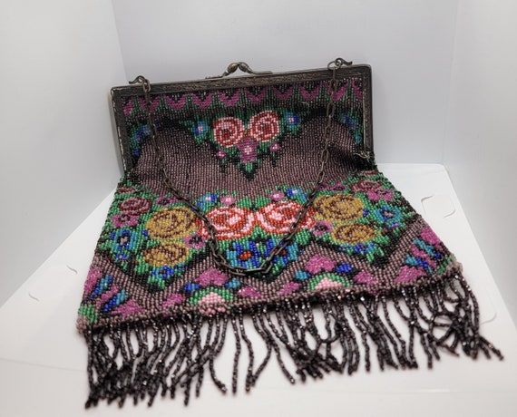 Antique 1910's-1920's Beaded Evening Bag with Fri… - image 1
