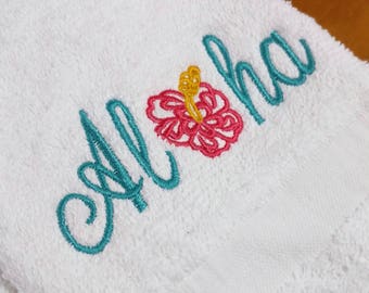 Hibiscus Flower, Tropical Hand Towel, Embroidery, Aloha, Hawaiian Themed Bathroom, Beach Decor, Housewarming Gift, Destination Wedding
