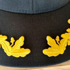 May include: A black baseball cap with a yellow embroidered design of oak leaves around the brim.