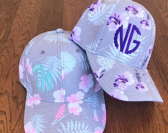 Tropical Hibiscus Monogram Hat, Summer Floral Ballcap, 2-letter monogram hat, Spring Break Girls trip