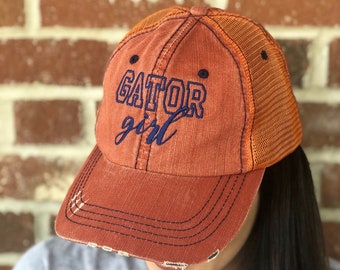 Gator Girl Trucker Hat, Gator Colors, Florida Pride, Embroidered Hat, Mother's Day, Adjustable Baseball Cap, Mesh Back Hat, Distressed Hat